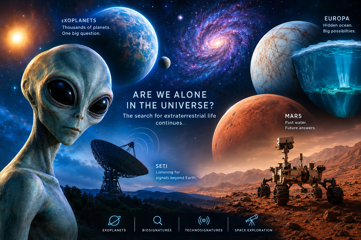 “Futuristic alien standing in a space landscape with exoplanets, Mars rover, Europa’s hidden ocean, galaxy, and SETI radio telescope representing the search for extraterrestrial life.”